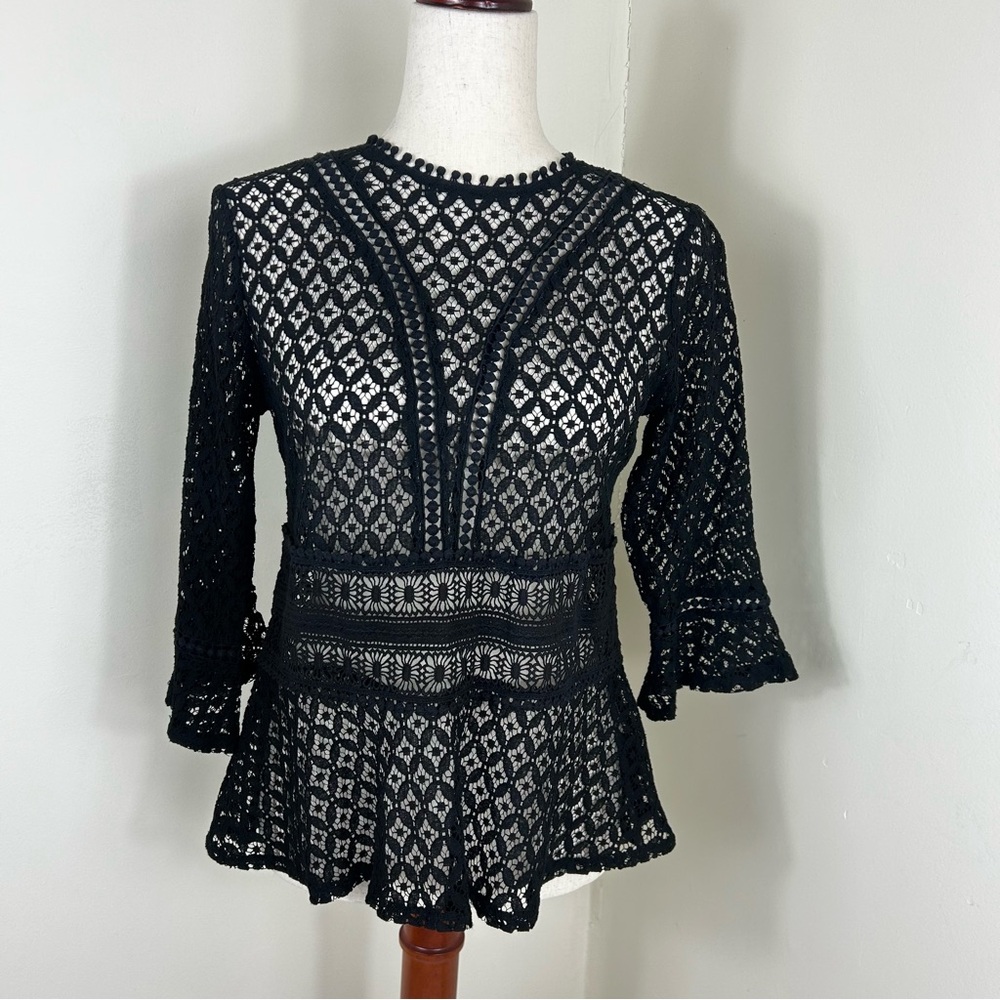 Hazel Womens Size S Lace Top Peplum Bell Dark Coquette Dainty Black Crochet
